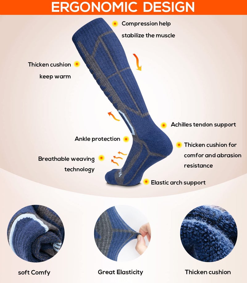 WEIERYA Merino Wool Ski Socks for Men & Women, Knee-High Winter Thermal Snowboarding Socks 2 - Pack Retro Blue Medium - Image 2